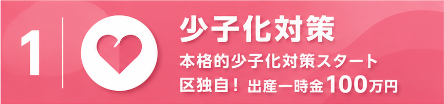 1. 少子化対策
本格的少子化対策スタート
区独自！ 出産一時金100万円